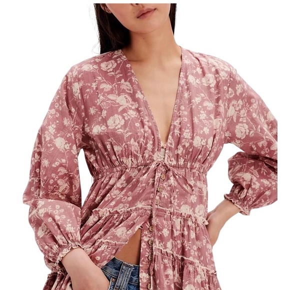 Free People Floral Tiered Maxi Duster Dress Mauve Boho V-Neck Cottagecore XS - Picture 14 of 16